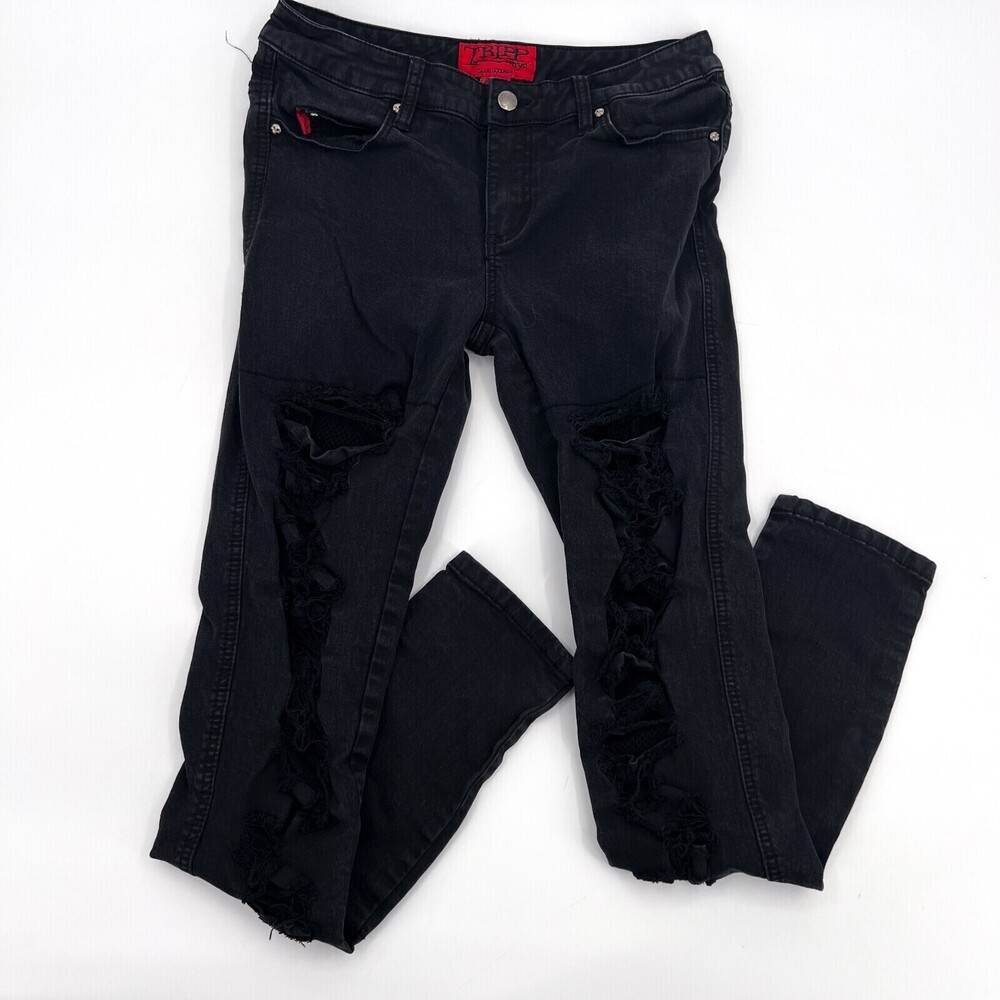 Tripp Jeans Womens 9 Black Ripped Distressed Skinny Straight Leg Stretch